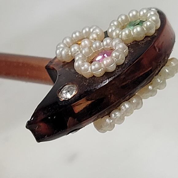 Vintage Bakelite Hair Stick 6" Brown Rhinestones Pearls - Picture 9 of 12